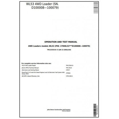 John Deere WL53 4WD Loader Pdf Diagnostic, Operation and Tests Service Manual TM13255X19