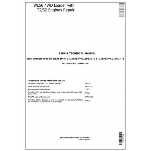 John Deere WL56 4WD Loader Pdf Technical Repair Service Manual TM12745