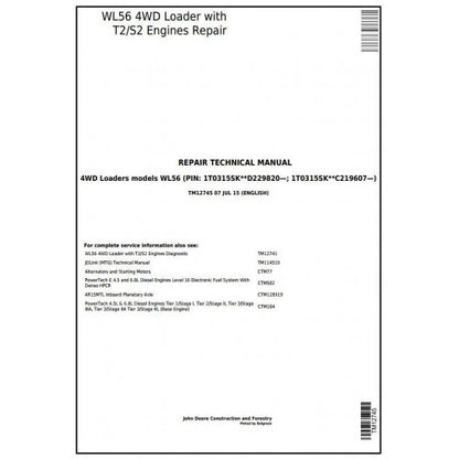 John Deere WL56 4WD Loader Pdf Technical Repair Service Manual TM12745