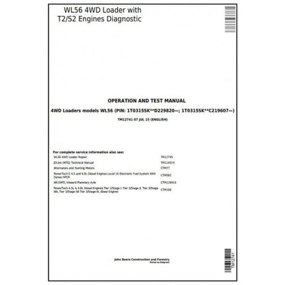 John Deere WL56 4WD Loader w.T2/S2 Engines Pdf Diagnostic, Operation and Tests Service Manual TM12741