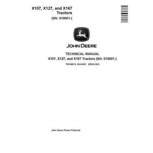 John Deere X107, X127 and X167 Lawn Tractor Pdf Technical Repair Service Manual TM166319