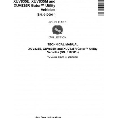 John Deere XUV835E, XUV835M, XUV835R Gator Utility Vehicle Pdf Technical Repair Manual TM145519