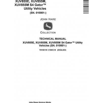 John Deere XUV855E XUV855M, XUV855M S4 Gator Utility Vehicle Pdf Technical Repair Manual TM150119