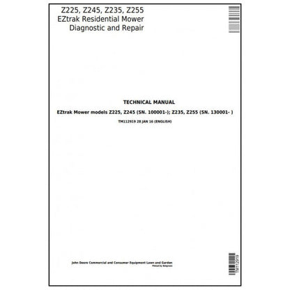 John Deere Z225, Z245, Z235, Z255 EZtrak Riding Lawn Residential Mower Pdf Technical Repair Manual TM112919