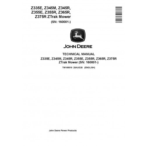 John Deere Z335E, Z345M, Z345R, Z355E, Z355R, Z365R and Z375R Mower Pdf Technical Repair Service Manual TM166619
