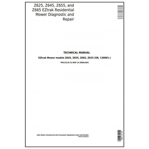 John Deere Z625, Z645, Z655, Z665 EZtrak Mower Pdf Diagnostic and Technical Repair Manual TM113119