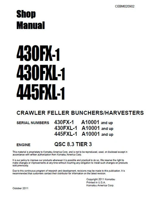 Komatsu 430FX-1, 430FXL-1, 445FXL-1 Crawler Feller Bunchers/Harvester Pdf Repair and Service Manual Sn A10001 and UP