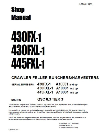 Komatsu 430FX-1, 430FXL-1, 445FXL-1 Crawler Feller Bunchers/Harvester Pdf Repair and Service Manual Sn A10001 and UP