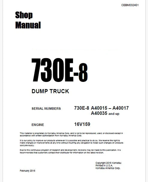 Komatsu 730E-8 Dump Truck Pdf Repair and Service Manual A40015 – A40017, A40035 and UP