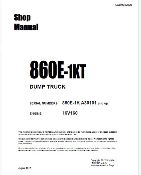 Komatsu 860E-1KT Dump Truck Pdf Repair and Service Manual Sn A30101 and UP