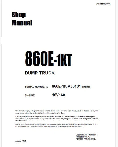 Komatsu 860E-1KT Dump Truck Pdf Repair and Service Manual Sn A30101 and UP