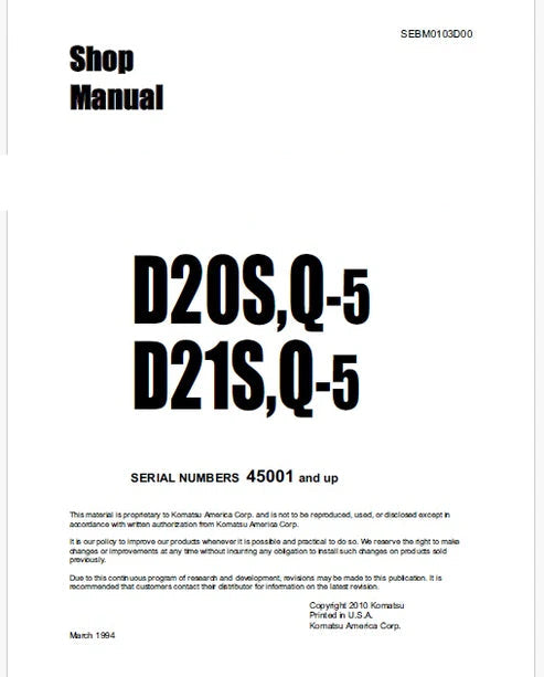 Komatsu D20S-5, D20Q-5, D21S-5, D21Q-5 Hydraulic Excavator Pdf Repair and Service Manual