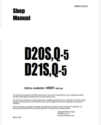 Komatsu D20S-5, D20Q-5, D21S-5, D21Q-5 Hydraulic Excavator Pdf Repair and Service Manual