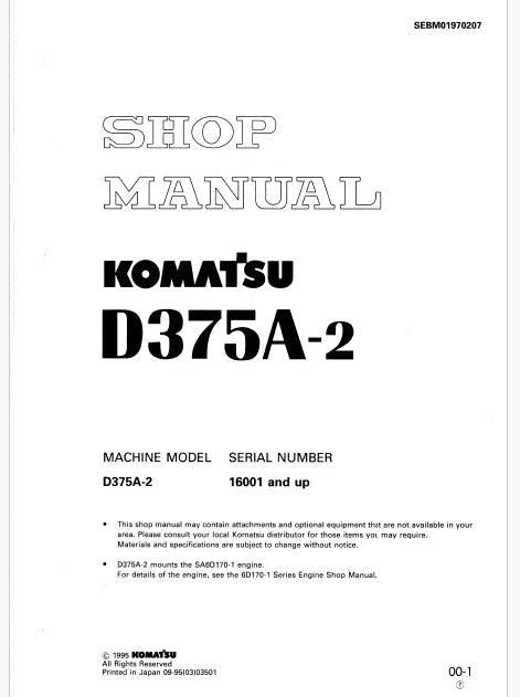 Komatsu D375A-2 Bulldozer Pdf Repair and Service Manual Sn 16001 and UP