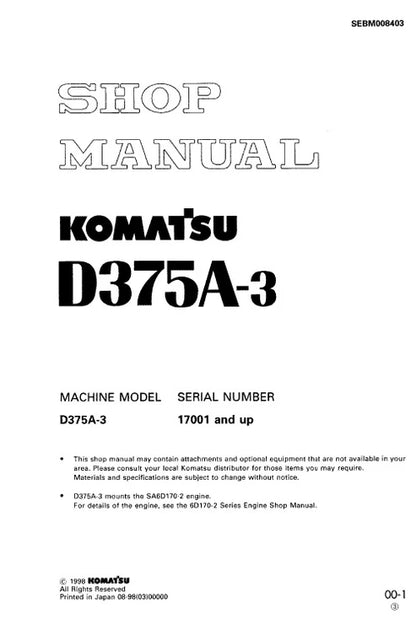 Komatsu D375A-3 Bulldozer Pdf Repair and Service Manual Sn 17001 and UP