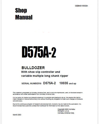 Komatsu D575A-2 Bulldozer Pdf Repair and Service Manual Sn 10035 and UP