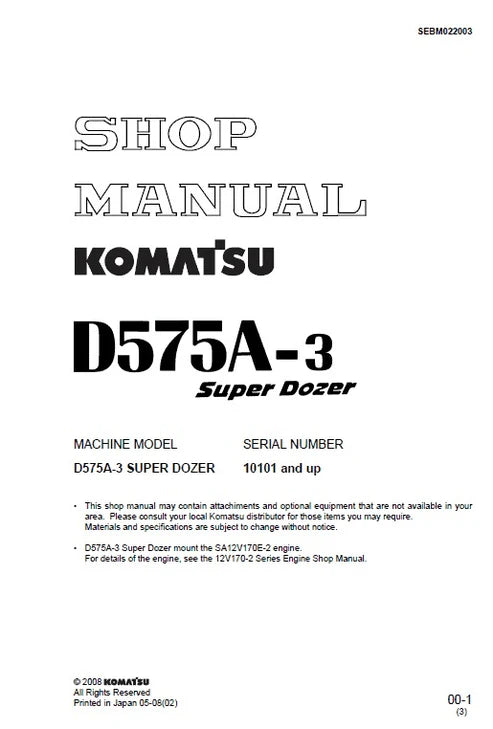 Komatsu D575A-3 Super Dozer/Bulldozer Pdf Repair and Service Manual Sn 10101 and UP