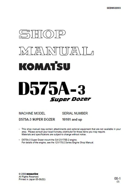 Komatsu D575A-3 Super Dozer/Bulldozer Pdf Repair and Service Manual Sn 10101 and UP