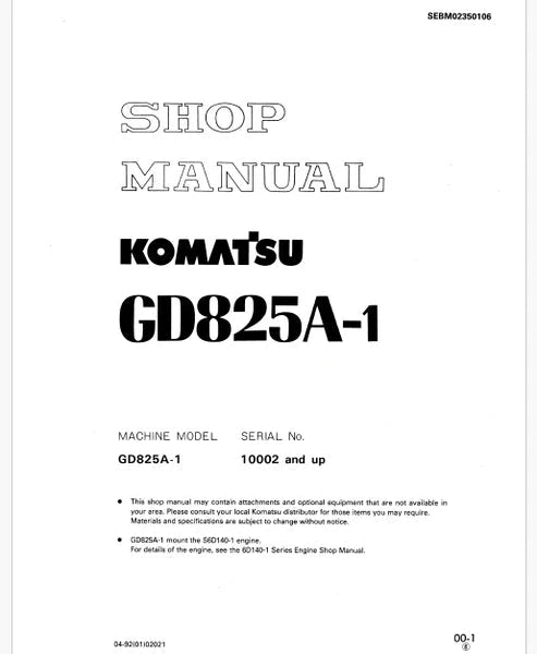 Komatsu GD825A-1 Motor Grader Pdf Repair and Service Manual Sn 10002 and UP