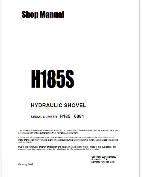 Komatsu H185S Hydraulic Shovel Pdf Repair and Service Manual