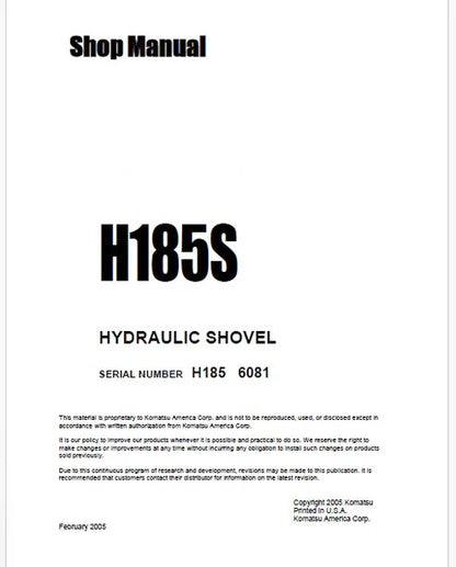 Komatsu H185S Hydraulic Shovel Pdf Repair and Service Manual