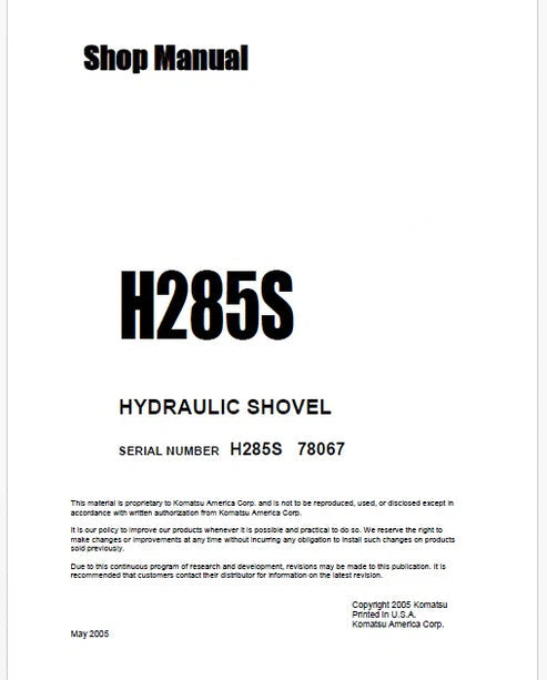 Komatsu H285S Hydraulic Shovel Pdf Repair and Service Manual Sn 78067