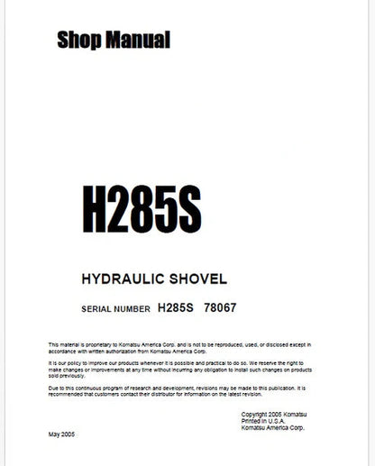 Komatsu H285S Hydraulic Shovel Pdf Repair and Service Manual Sn 78067