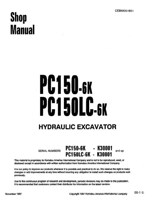 Komatsu PC150-6K, PC150LC-6K Hydraulic Excavator Pdf Repair and Service Manual Sn K30001 and UP
