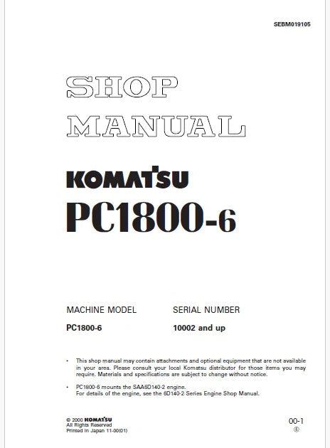 Komatsu PC1800-6 Hydraulic Excavator/Shovel Pdf Repair and Service Manual Sn 10002 and UP