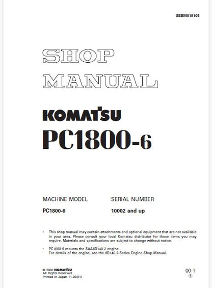Komatsu PC1800-6 Hydraulic Excavator/Shovel Pdf Repair and Service Manual Sn 10002 and UP