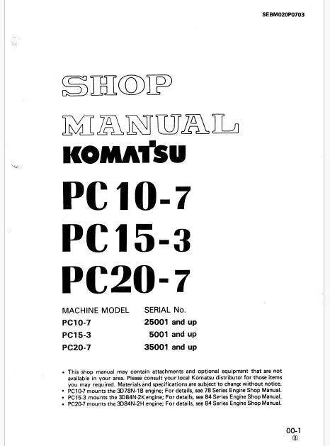 Komatsu PC20-7 Hydraulic Excavator Pdf Repair and Service Manual