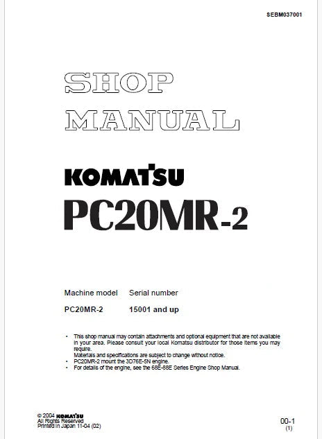 Komatsu PC20MR-2 Hydraulic Excavator Pdf Repair and Service Manual