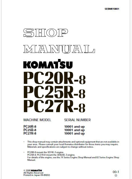 Komatsu PC20R-8, PC25R-8, PC27R-8 Hydraulic Excavator Pdf Repair and Service Manual