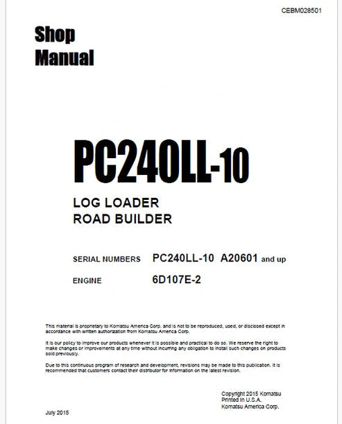 Komatsu PC240LL-10 Log Loader Road Builder Pdf Repair and Service Manual Sn A20601 and UP
