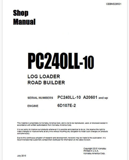 Komatsu PC240LL-10 Log Loader Road Builder Pdf Repair and Service Manual Sn A20601 and UP
