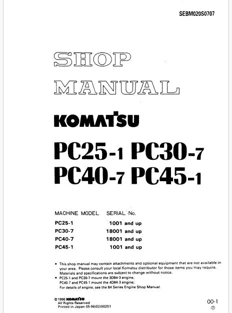 Komatsu PC30-7, PC40-7 Hydraulic Excavator Pdf Repair and Service Manual