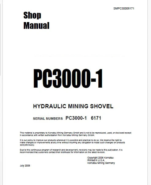 Komatsu PC3000-1 Hydraulic Mining Shovel Pdf Repair and Service Manual Sn 6171
