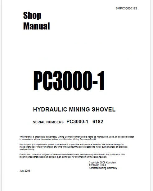 Komatsu PC3000-1 Hydraulic Mining Shovel Pdf Repair and Service Manual Sn 6182