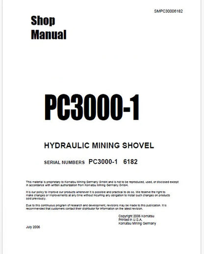 Komatsu PC3000-1 Hydraulic Mining Shovel Pdf Repair and Service Manual Sn 6182