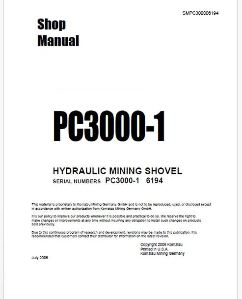 Komatsu PC3000-1 Hydraulic Mining Shovel Pdf Repair and Service Manual Sn 6194