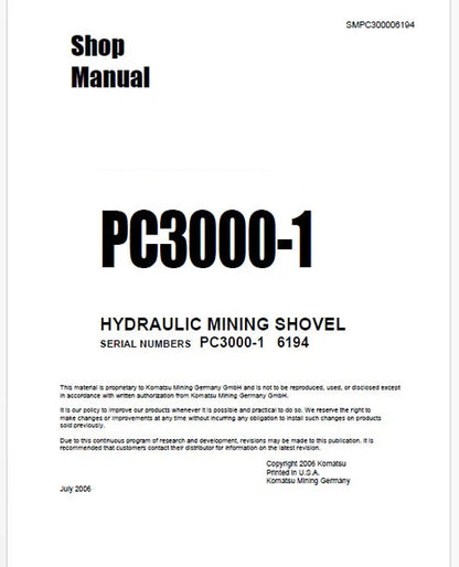 Komatsu PC3000-1 Hydraulic Mining Shovel Pdf Repair and Service Manual Sn 6194