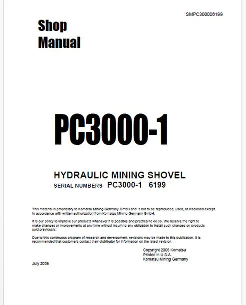 Komatsu PC3000-1 Hydraulic Mining Shovel Pdf Repair and Service Manual Sn 6199