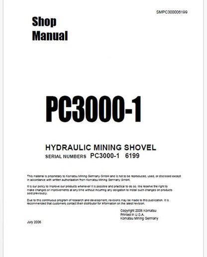 Komatsu PC3000-1 Hydraulic Mining Shovel Pdf Repair and Service Manual Sn 6199