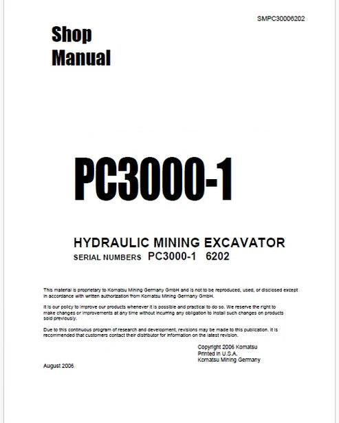 Komatsu PC3000-1 Hydraulic Mining Shovel Pdf Repair and Service Manual Sn 6202