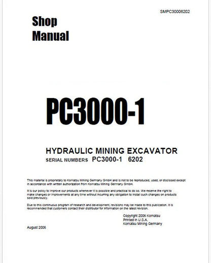 Komatsu PC3000-1 Hydraulic Mining Shovel Pdf Repair and Service Manual Sn 6202