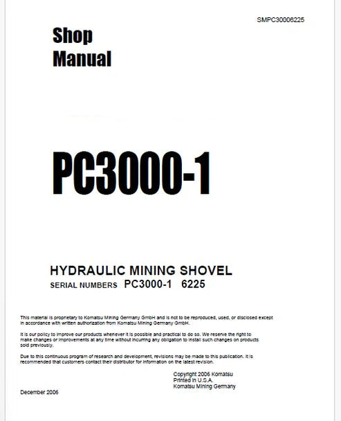 Komatsu PC3000-1 Hydraulic Mining Shovel Pdf Repair and Service Manual Sn 6225