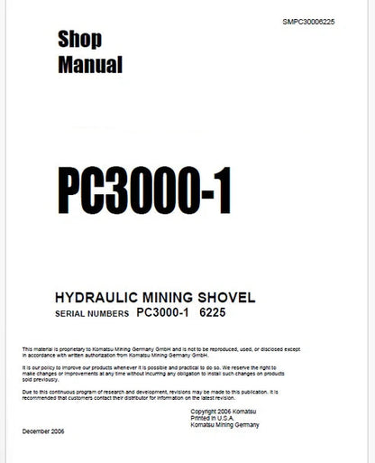 Komatsu PC3000-1 Hydraulic Mining Shovel Pdf Repair and Service Manual Sn 6225