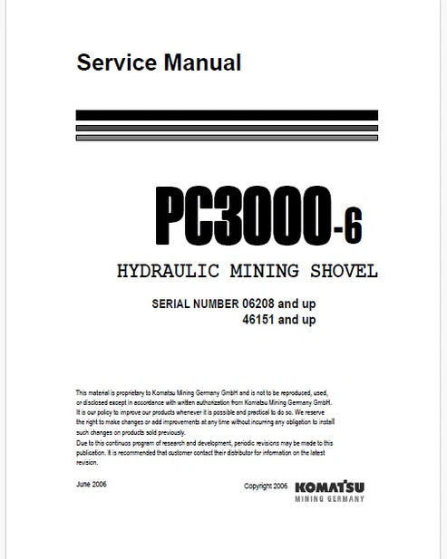 Komatsu PC3000-6 Hydraulic Mining Shovel Pdf Repair and Service Manual Sn 46151 and UP