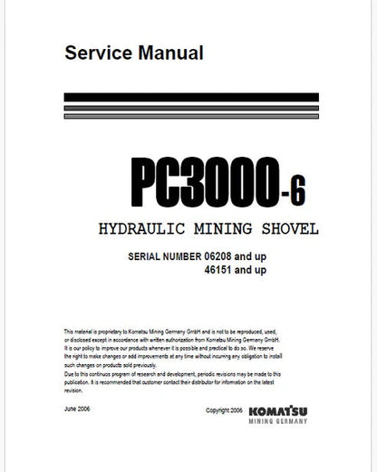 Komatsu PC3000-6 Hydraulic Mining Shovel Pdf Repair and Service Manual Sn 46151 and UP