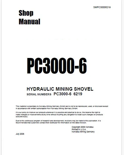 Komatsu PC3000-6 Hydraulic Mining Shovel Pdf Repair and Service Manual Sn 6219